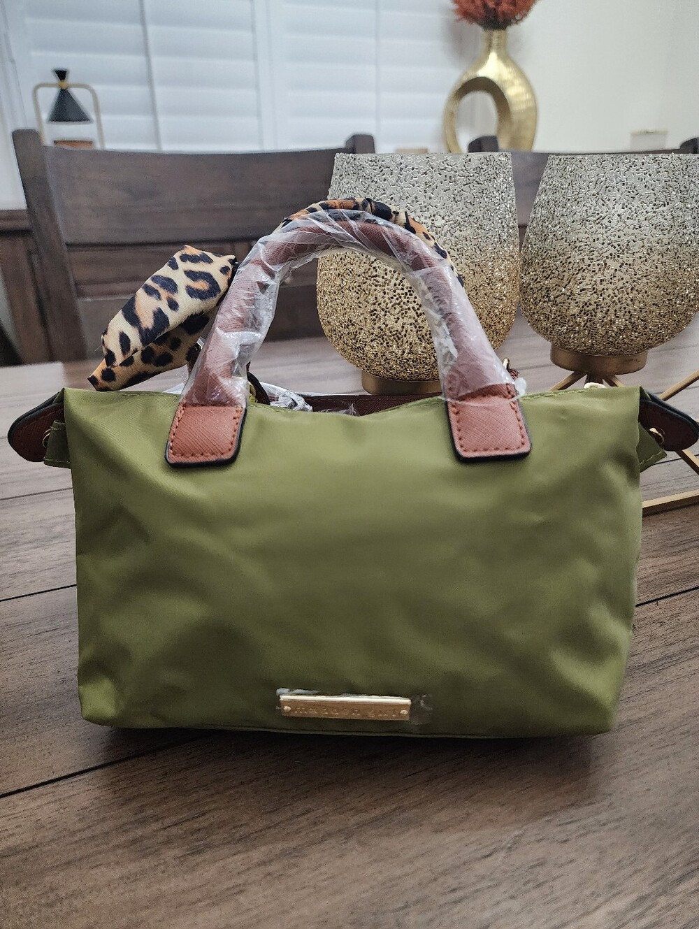 Olive Green Nylon Top-Handle Satchel With Crossbody Strap